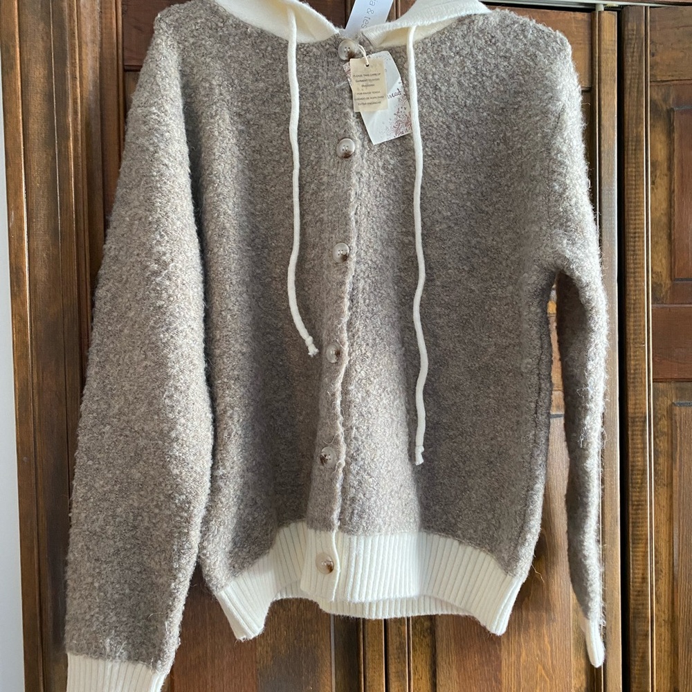 Hem & Thread Cozy Hooded Button-Front Women’s Sweater Cardigan - Taupe and Cream